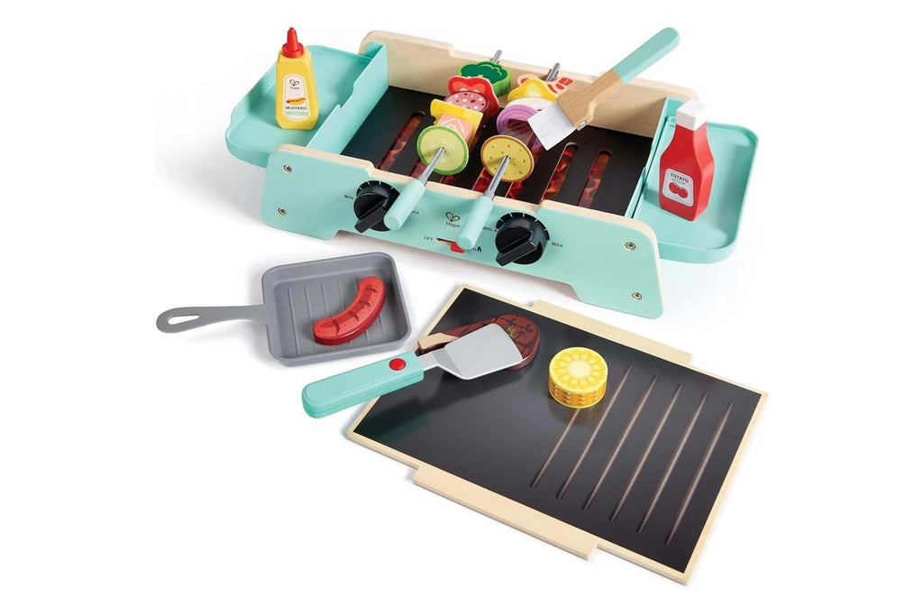 Hape Sizzling Griddle & Grill Kids Barbeque BBQ Toy Pretend Play- Sizzling Sounds/ Light Up Coals Fun Entertainment HE3214