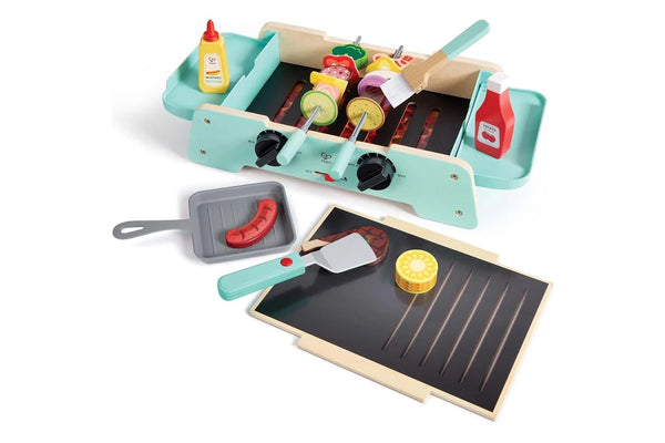 Hape Sizzling Griddle & Grill Kids Barbeque BBQ Toy Pretend Play- Sizzling Sounds/ Light Up Coals Fun Entertainment HE3214