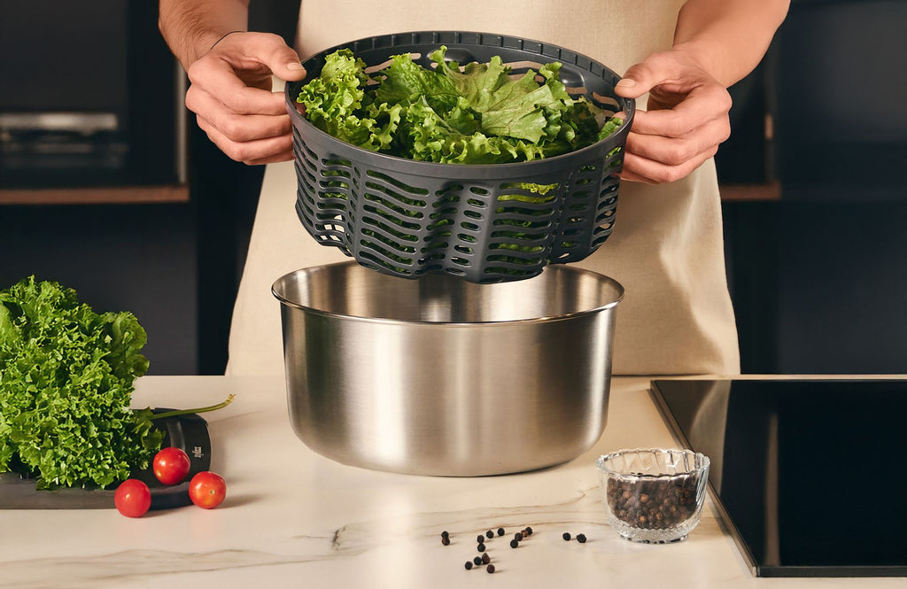 Zyliss Easy Spin Stainless Steel Salad Spinner Large With Foldable Handle- Brake System/ Pouring Spout