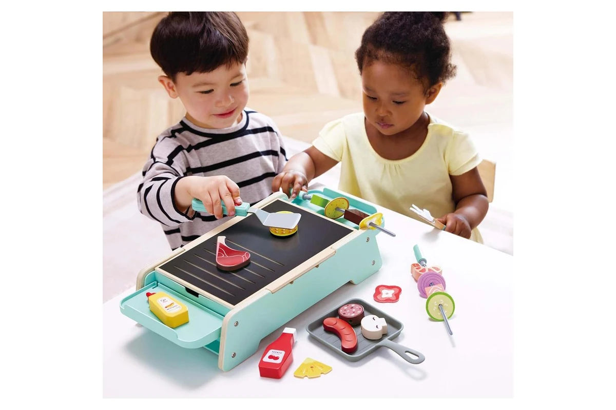 Hape Sizzling Griddle & Grill Kids Barbeque BBQ Toy Pretend Play- Sizzling Sounds/ Light Up Coals Fun Entertainment HE3214