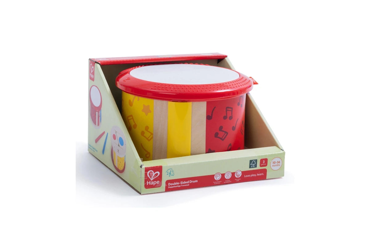 Hape Kids Double Sided Drum Pretend Play Toy– Wooden Musical Instrument/ Sensory Development E0608