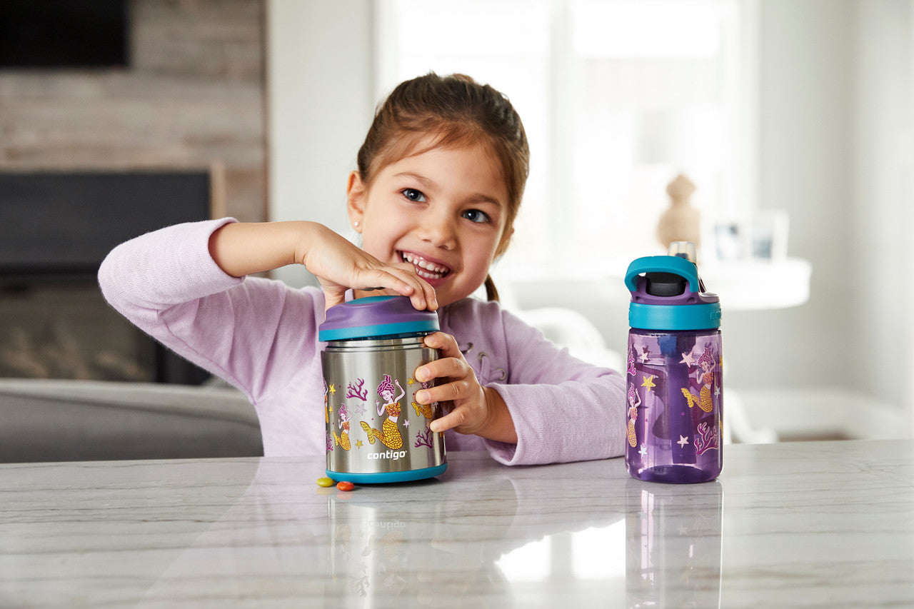 Contigo 414mL Autospout Mermaids Kids Water Bottle- Easy To Use/ One Touch Button Perfect For School Picnic Party 507388