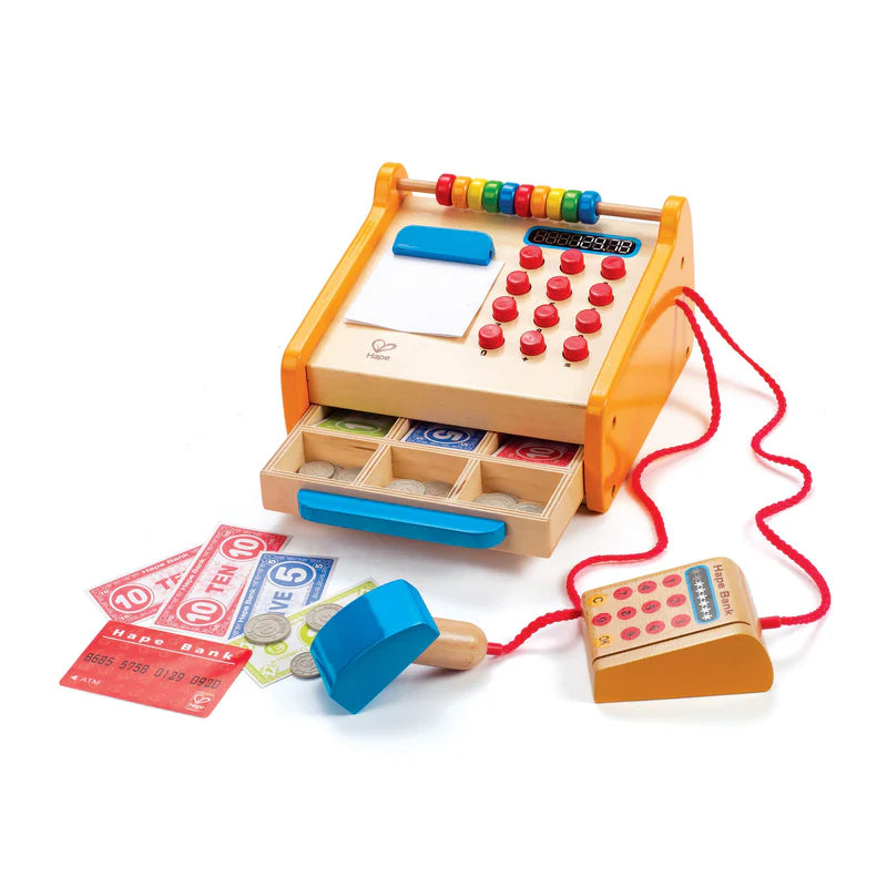 Hape Kids Wooden Checkout Register Pretend Play Toy- Cash/ Credit Fake Play Fun HE3121