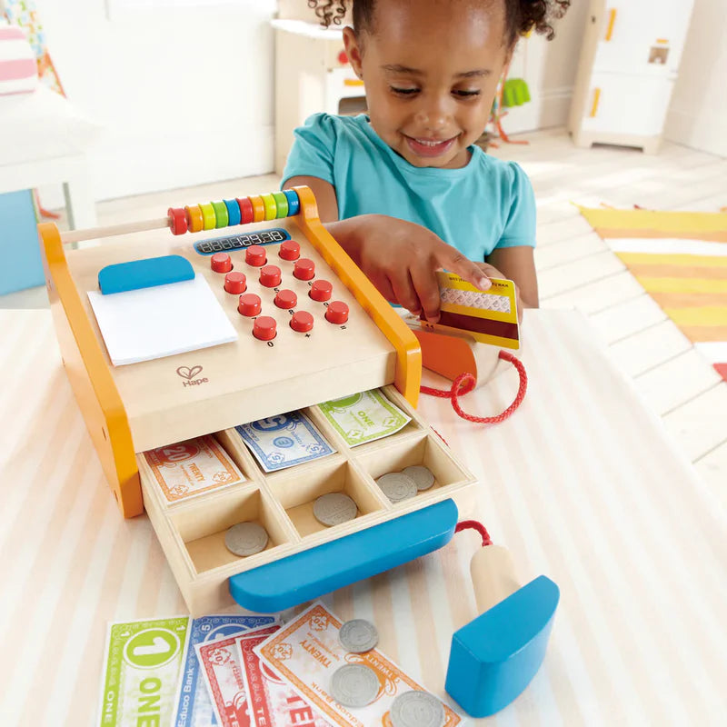 Hape Kids Wooden Checkout Register Pretend Play Toy- Cash/ Credit Fake Play Fun HE3121