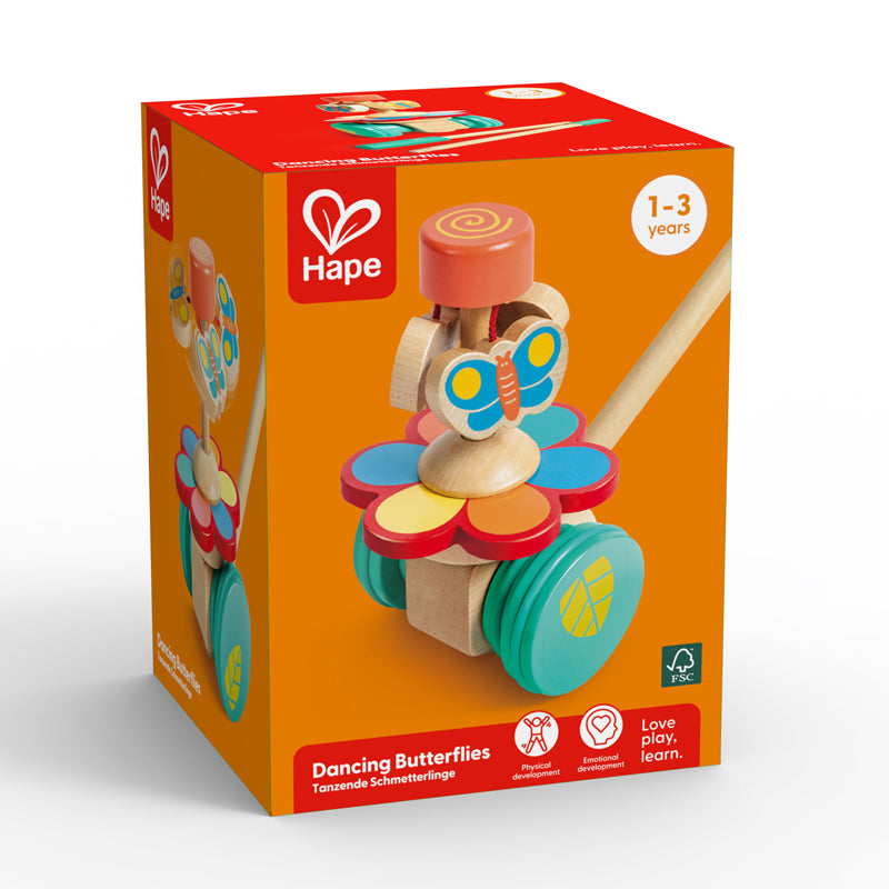 Hape Push Pull Pal Kids Dancing Butterflies Wooden Toddler Push Toy Pretend Play- Playful/ Develop Coordination/ Motor Skills HE0341
