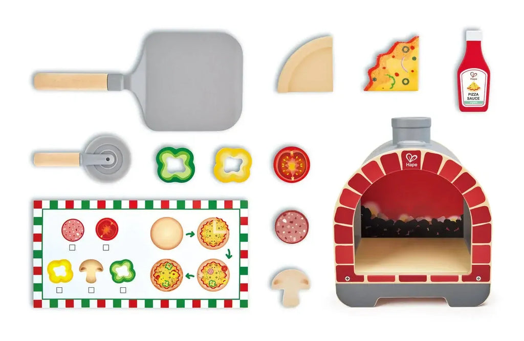 Hape Kids Wooden Magic Pizza Oven Playset Pretend Play Toy Kitchen With Lights/ Sounds- Cooking Fun/ Child Entertainment HE3236