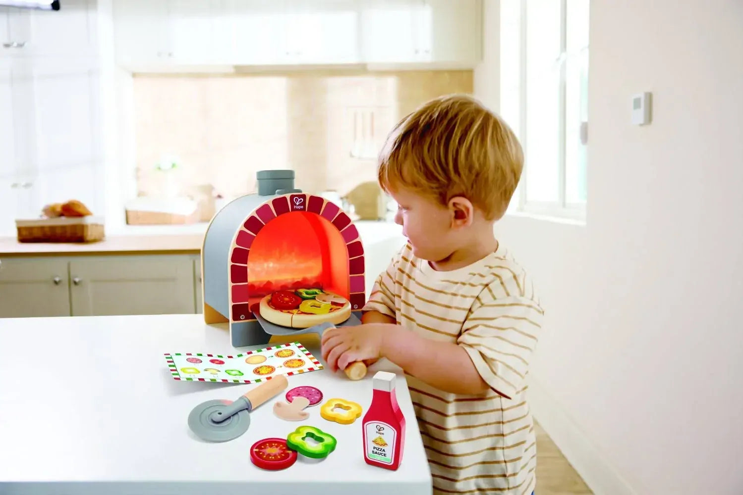 Hape Kids Wooden Magic Pizza Oven Playset Pretend Play Toy Kitchen With Lights/ Sounds- Cooking Fun/ Child Entertainment HE3236