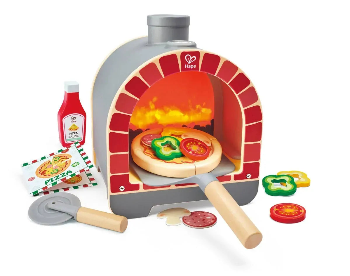 Hape Kids Wooden Magic Pizza Oven Playset Pretend Play Toy Kitchen With Lights/ Sounds- Cooking Fun/ Child Entertainment HE3236
