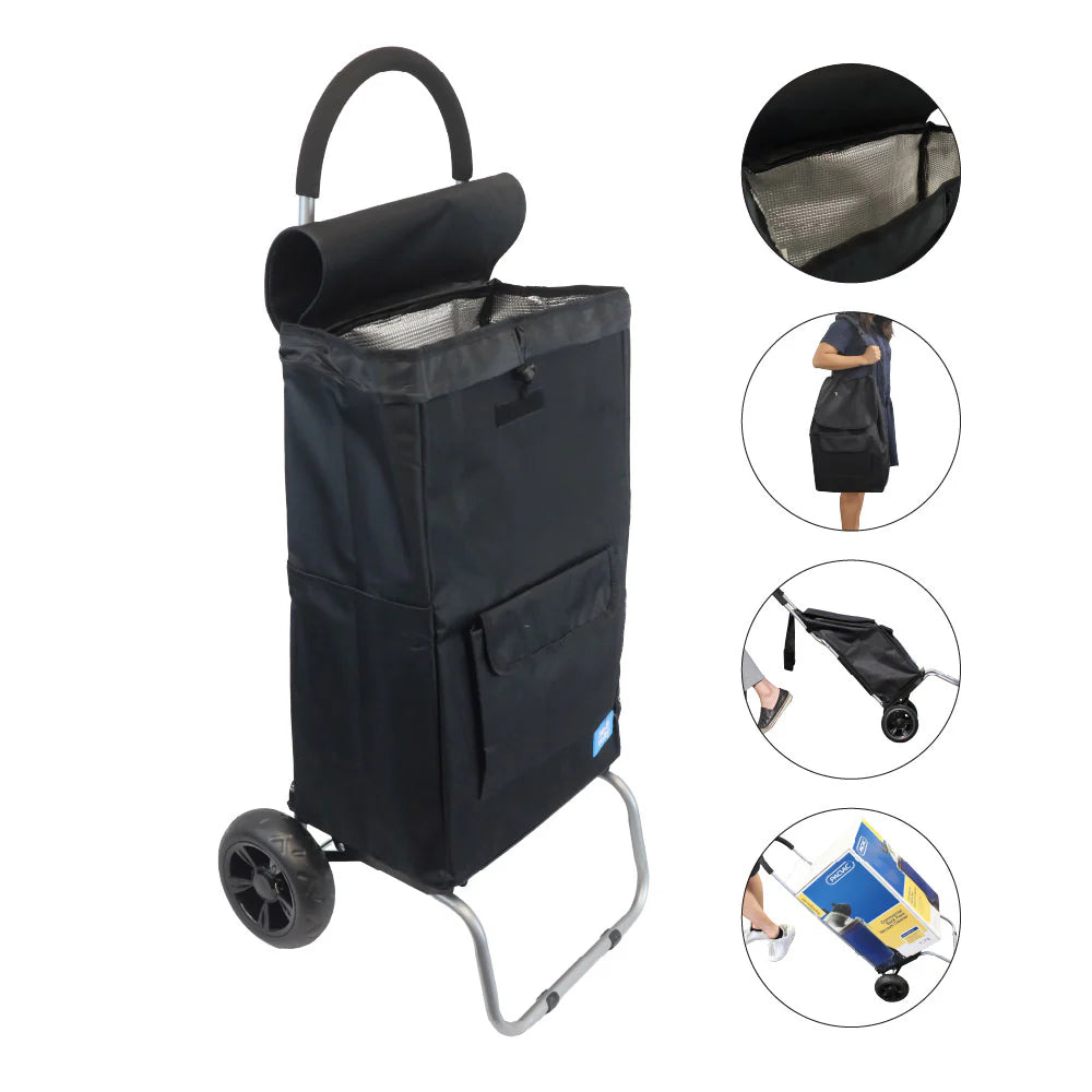 White Magic 3- In- 1 Foldable 40L Litre Handy Shopping Trolley With Insulated Cooler Bag- Perfect For Groceries/ Laundry WM-HTOI-BLACK