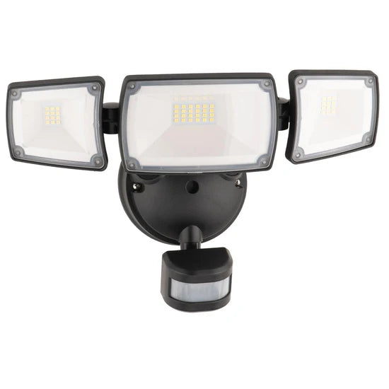 Mercator Onyx Triple Head LED Security Flood Light With PIR Motion Sensor- Adjustable Timer/ Perfect For Driveways Garages Pathways MXD6923BLK-SEN