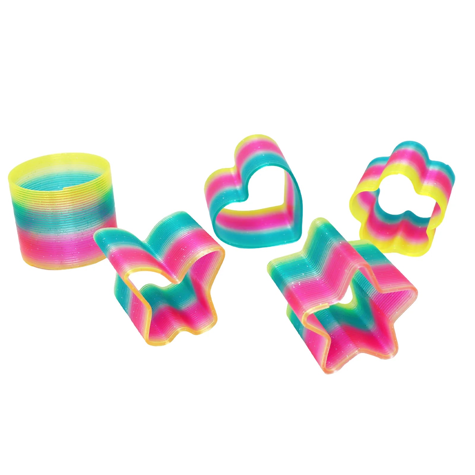 3PK Pink Poppy Shaped Kids Rainbow Glitter Spring- Stretches/ Bounces/ Flips Different Shapes Assorted
