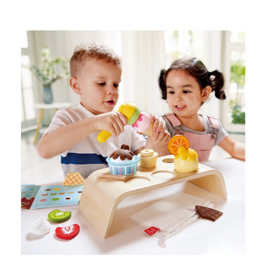 Hape Creamy Dreamy Kids Wooden Ice Cream Corner Pretend Play Toy- Interactive Playset/ Develops Fine Motor Skills HE3217