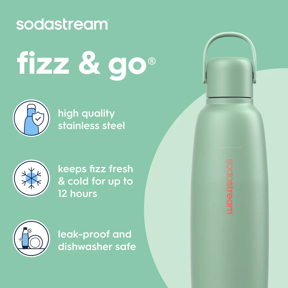 SodaStream 0.9L Fizz & Go Stainless Steel Insulated Carbonating Bottle- Convenient/ Portable With Carry Handle Mint