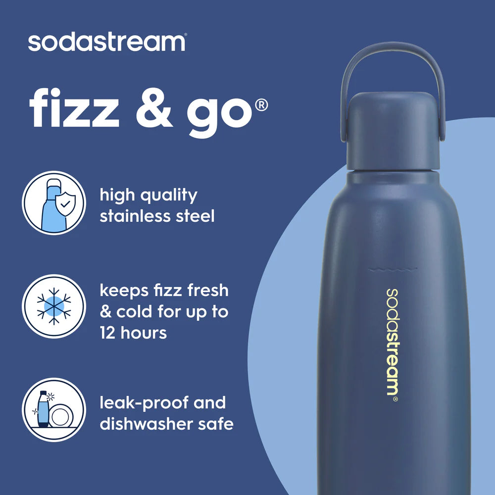 SodaStream 0.9L Fizz & Go Stainless Steel Insulated Carbonating Bottle- Convenient/ Portable With Carry Handle Storm